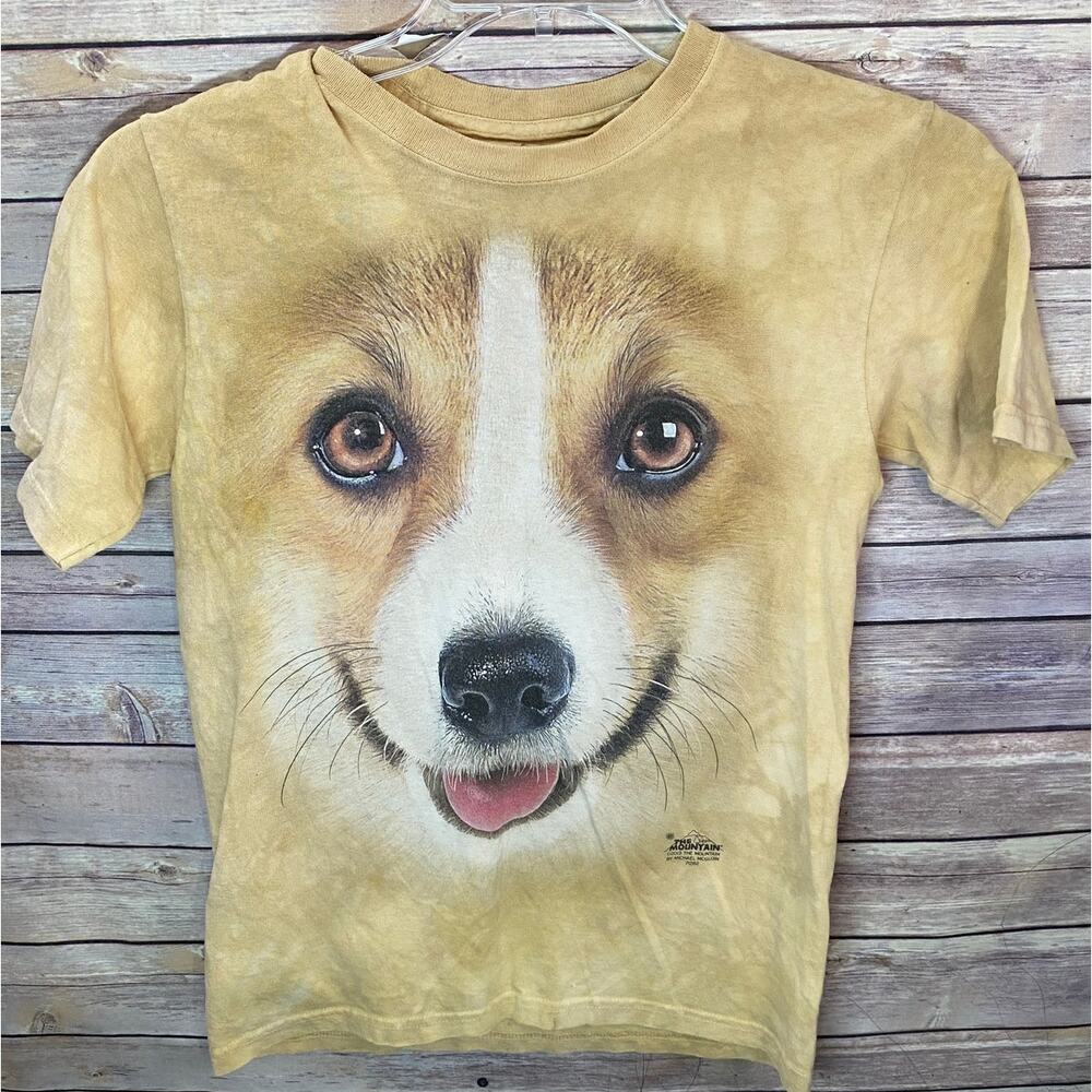 The Mountain Dog Face T-Shirt Youth Size Large Yellow Tie Dye Short Sleeve